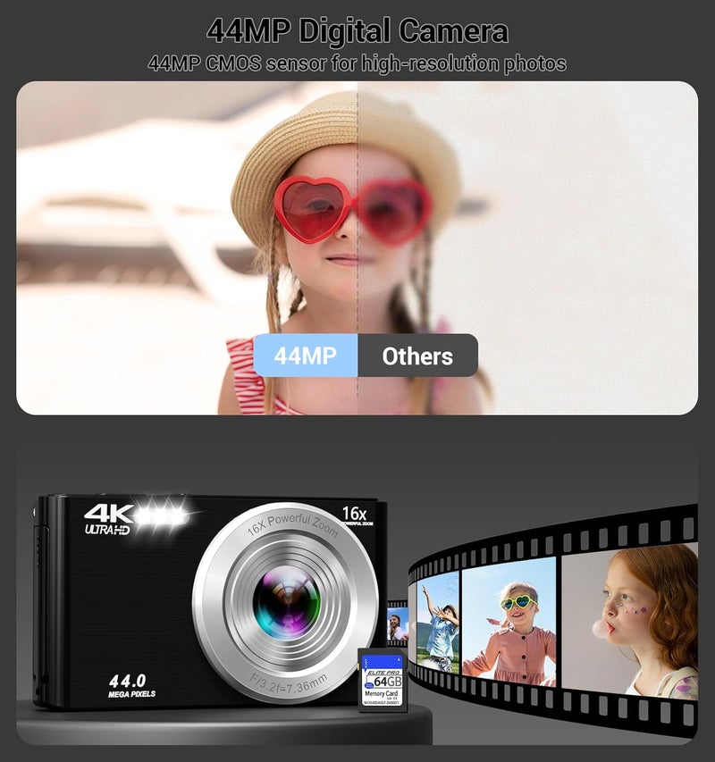 ceye Digital Camera, FHD 4K Compact Cameras with 64GB SD Card 2 Batteries, Portable Travel Digital Camera with 16X Autofocus Digital Zoom Small Camera for Teens Kids Boys Girls - Image 3